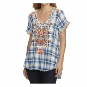 Kyla Seo blue white plaid floral embroidered short sleeve boho tunic shirt large